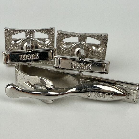 Swank Cufflinks With Matching Tie Clip 2 Sets Silver Tone Faux Pearl Gold Tone - Picture 4 of 9
